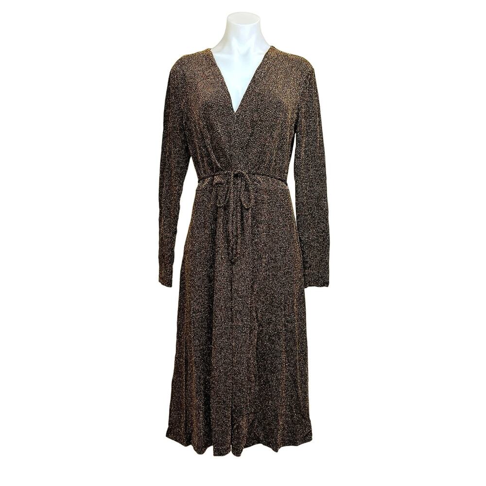 Who What Wear Metallic Glitter V-Neck Gold Wrap Tie Midi Long Sleeve Dress Sz M